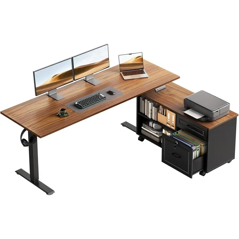 Home Office L Shaped Desk - 55인치 L자형 전동식 책상(서랍 및 캐비닛