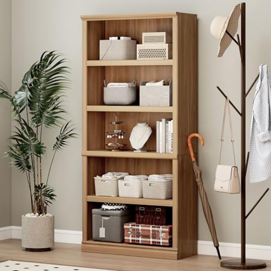 Home Office With Library - 높이 70인치 화이트 오크 책장 5단