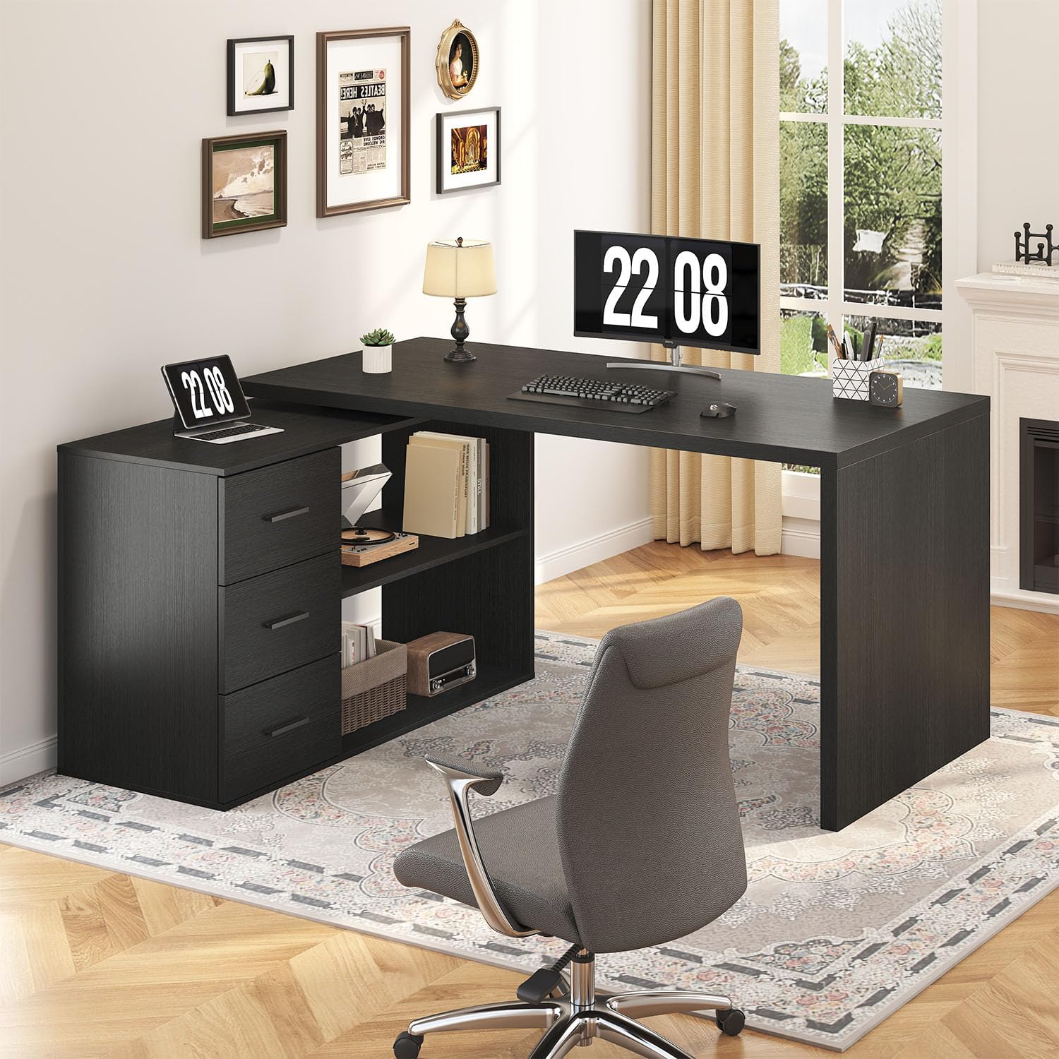 Home Office L Shaped Desk - 55-76인치 블랙 모던 L자형 책상, 수납