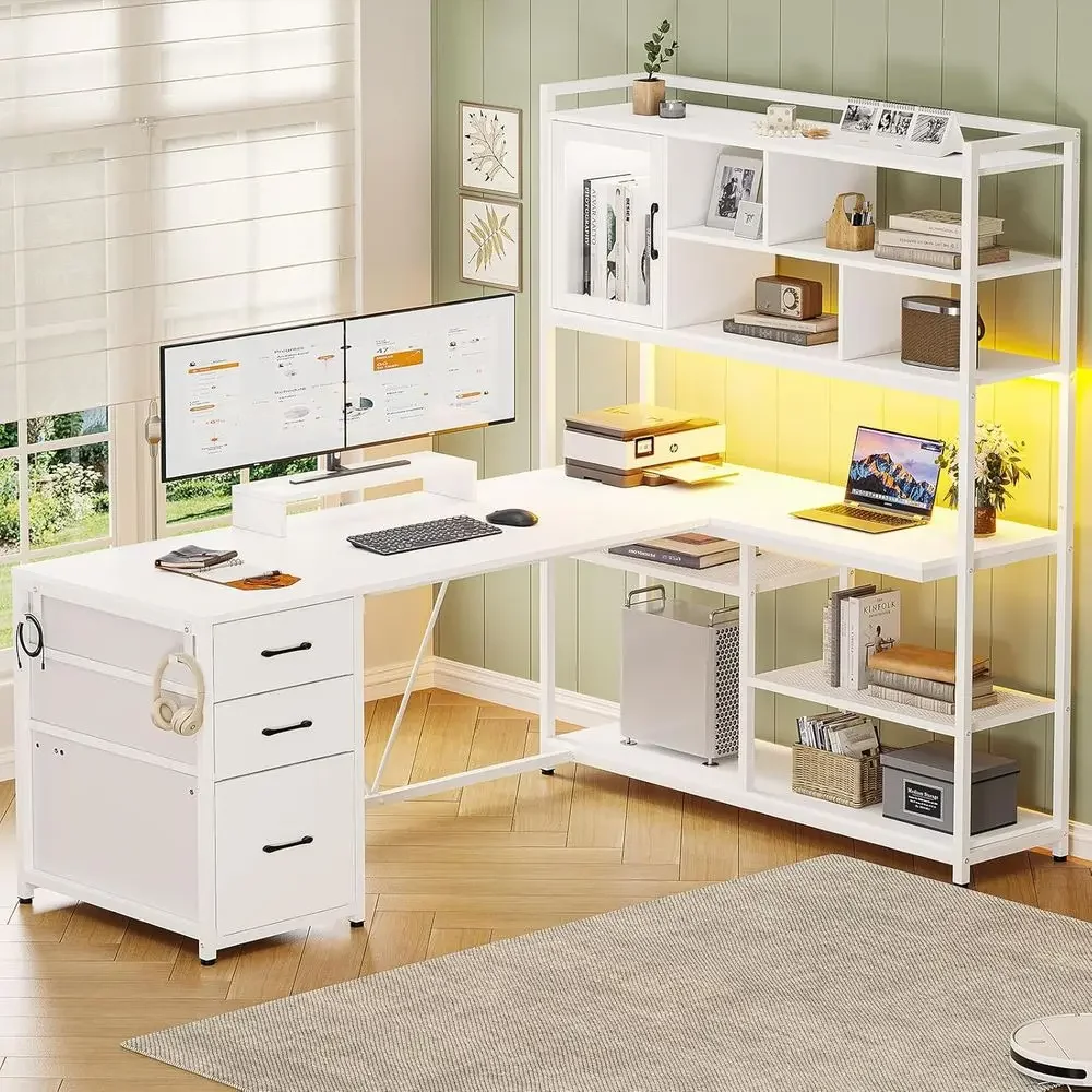 Home Office L Shaped Desk - 58 L자형 책상(수납공간, 서랍 3개, 책장,