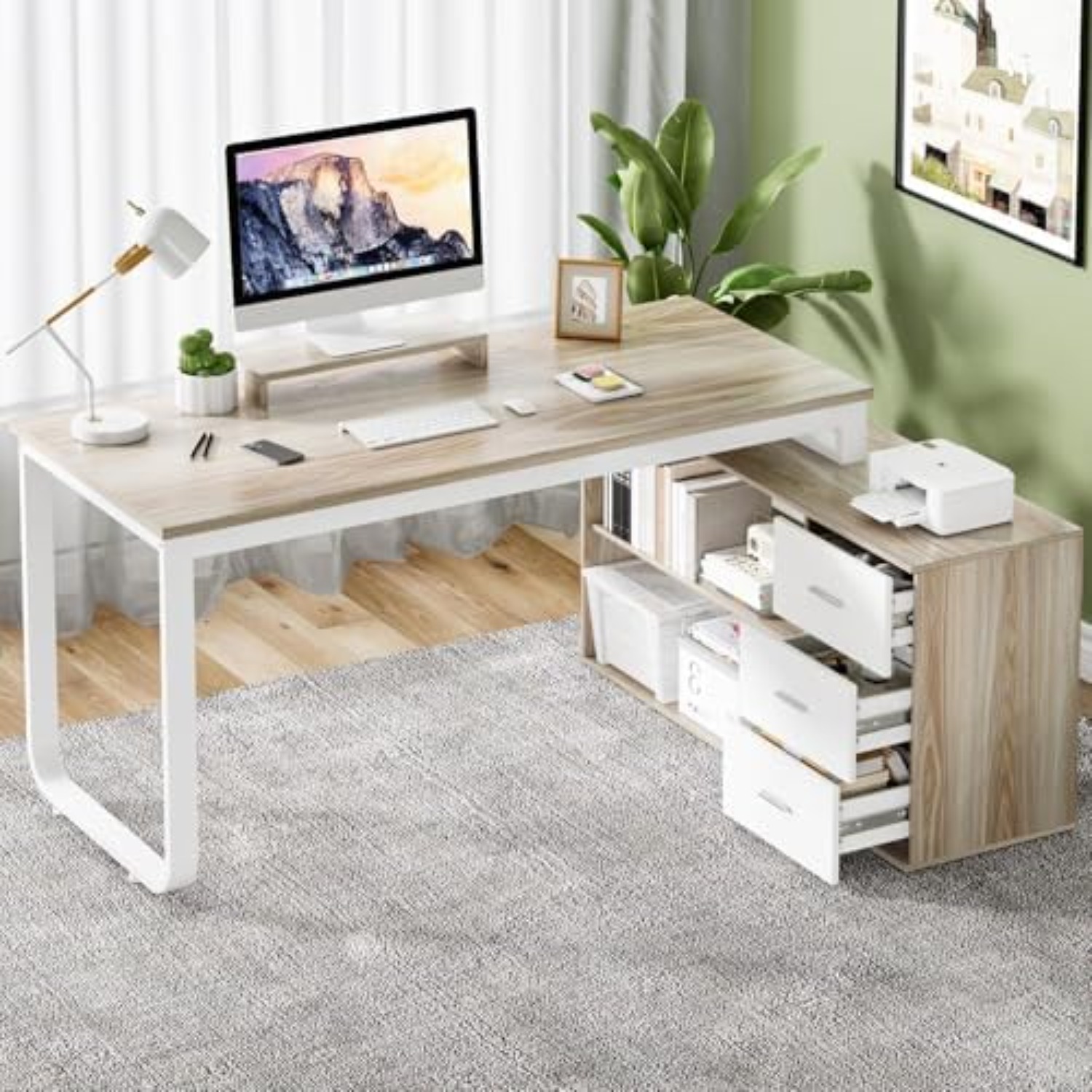 Home Office L Shaped Desk - 55인치 L자형 사무용 책상(서랍 포함), 흰색
