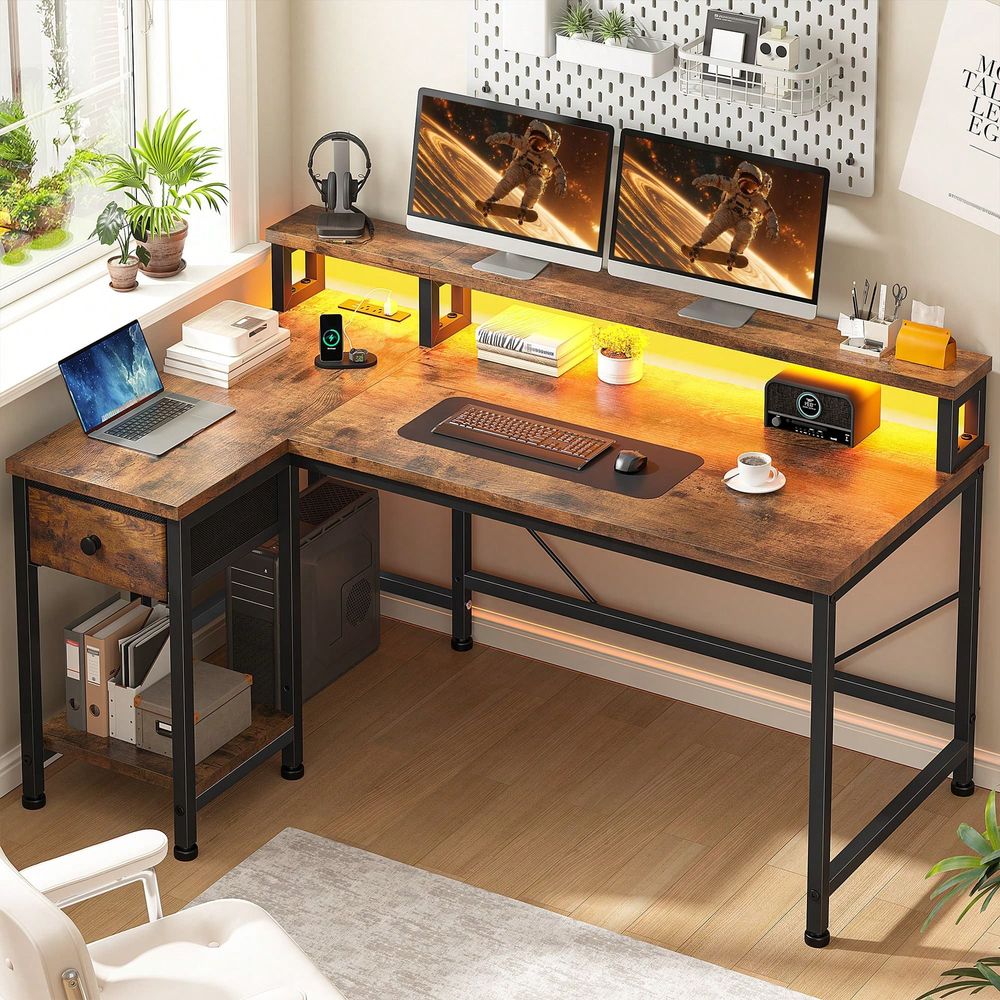 Home Office L Shaped Desk - 전원 콘센트가 있는 브라운 L자형 게이밍