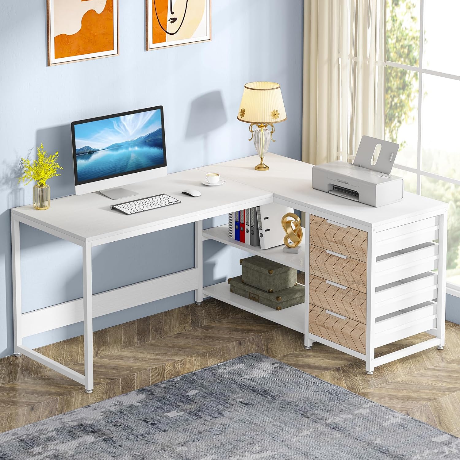 Home Office L Shaped Desk - L자형 컴퓨터 책상(서랍 및 선반 포함),