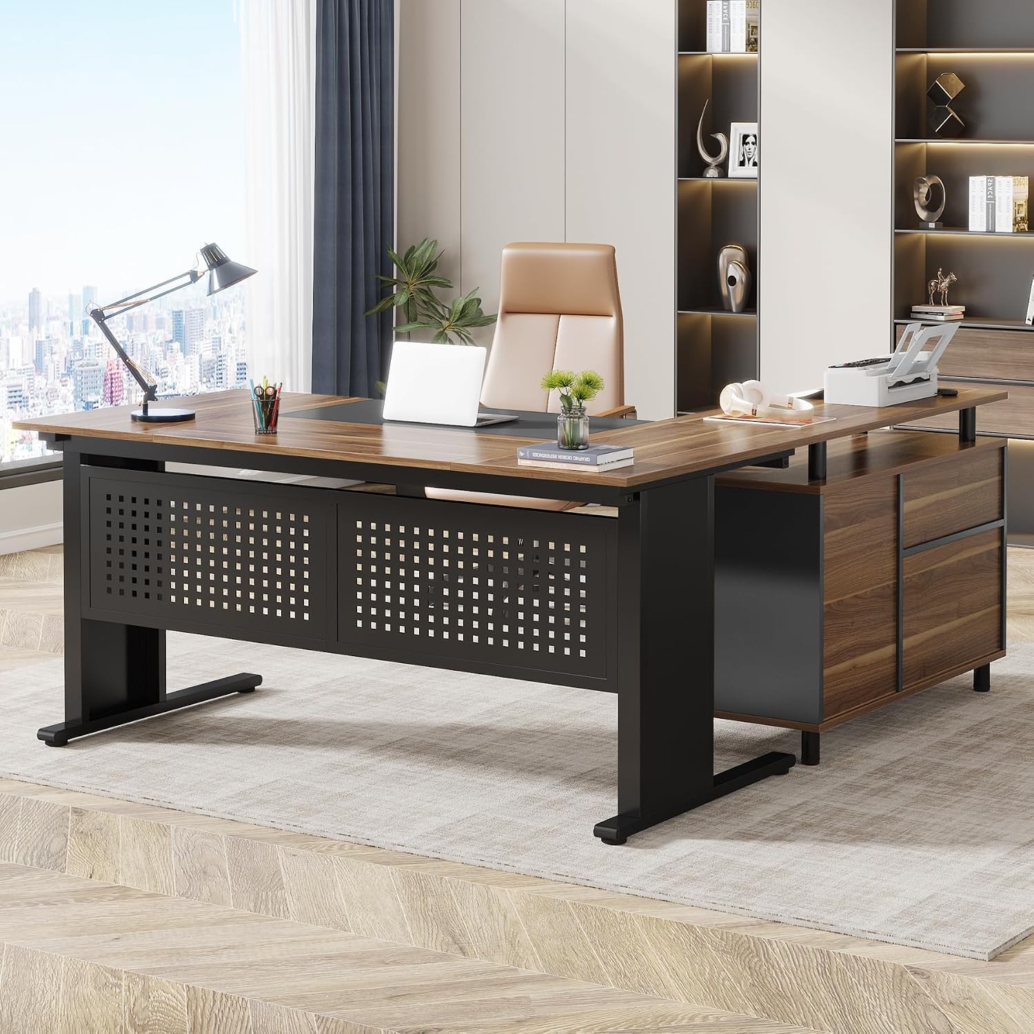 Home Office L Shaped Desk - 63인치 L자형 임원용 책상(파일 캐비닛, 수납