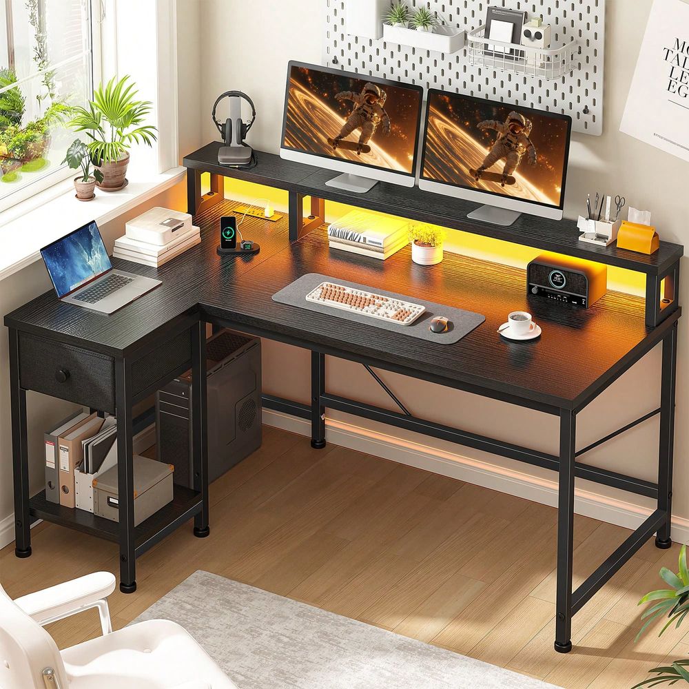 Home Office L Shaped Desk - 전원 콘센트가 있는 블랙 L자형 게이밍