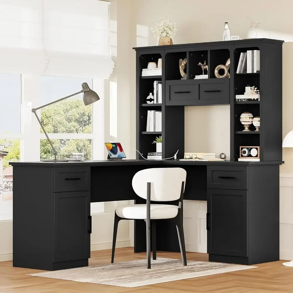 Home Office L Shaped Desk - L자형 사무용 책상, 수납장, 오픈 선반이