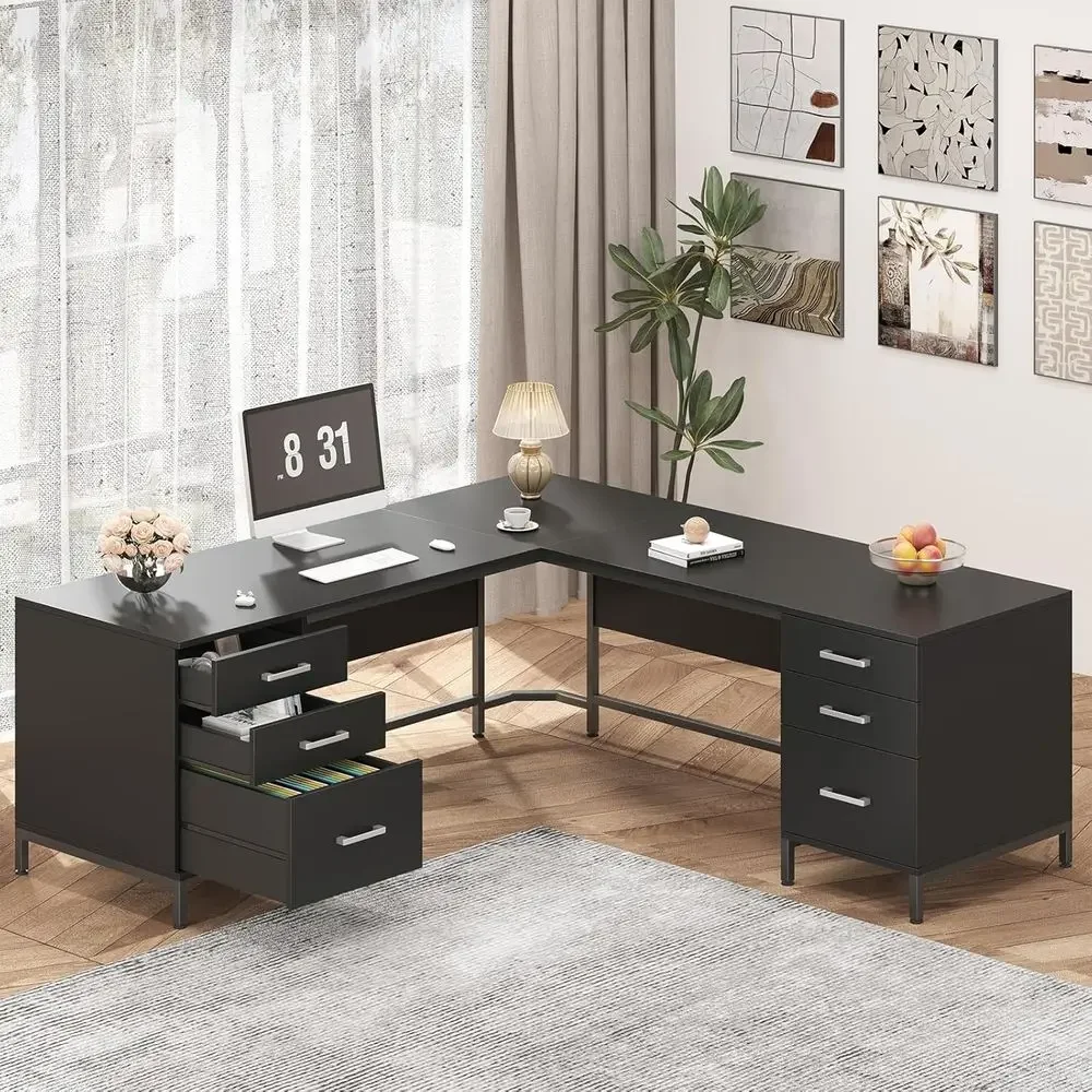 Home Office L Shaped Desk - 수납장이 있는 대형 L자형 목재 책상,