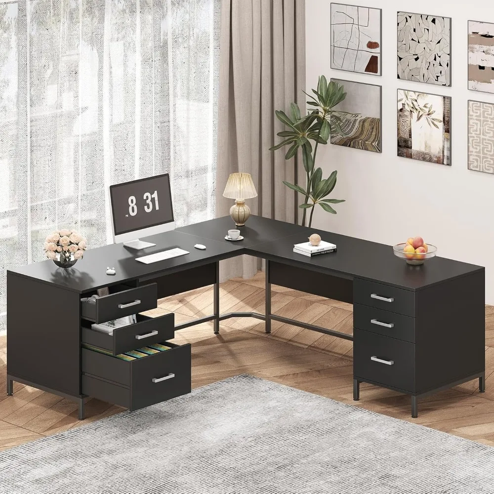 Home Office L Shaped Desk - TVU 59'' L자형 책상(6개의 나무 서랍