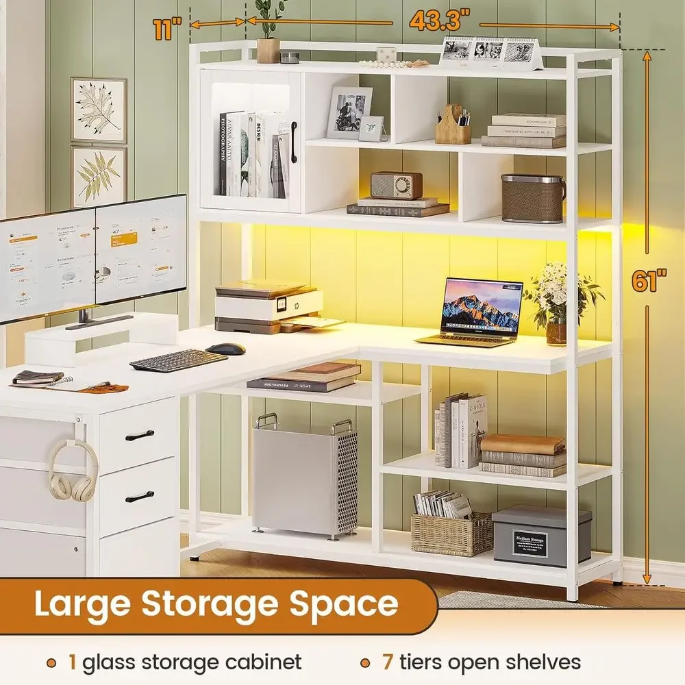 58 L자형 책상(수납공간, 서랍 3개, 책장, LED - Home Office L Shaped Desk 리뷰 및 가격