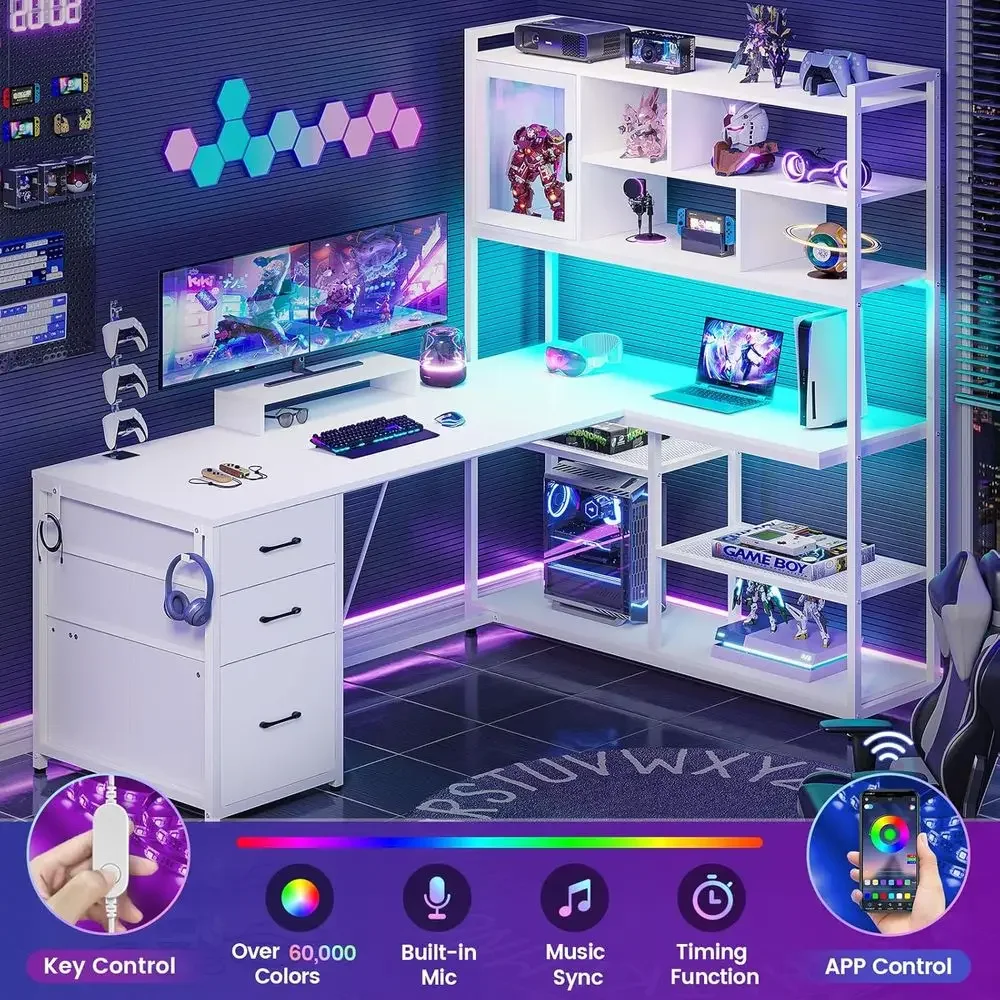 58 L자형 책상(수납공간, 서랍 3개, 책장, LED - Home Office L Shaped Desk 리뷰 및 가격