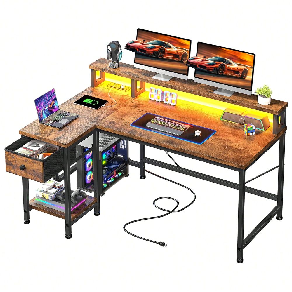 전원 콘센트가 있는 브라운 L자형 게이밍 책상, LED - Home Office L Shaped Desk 리뷰 및 가격
