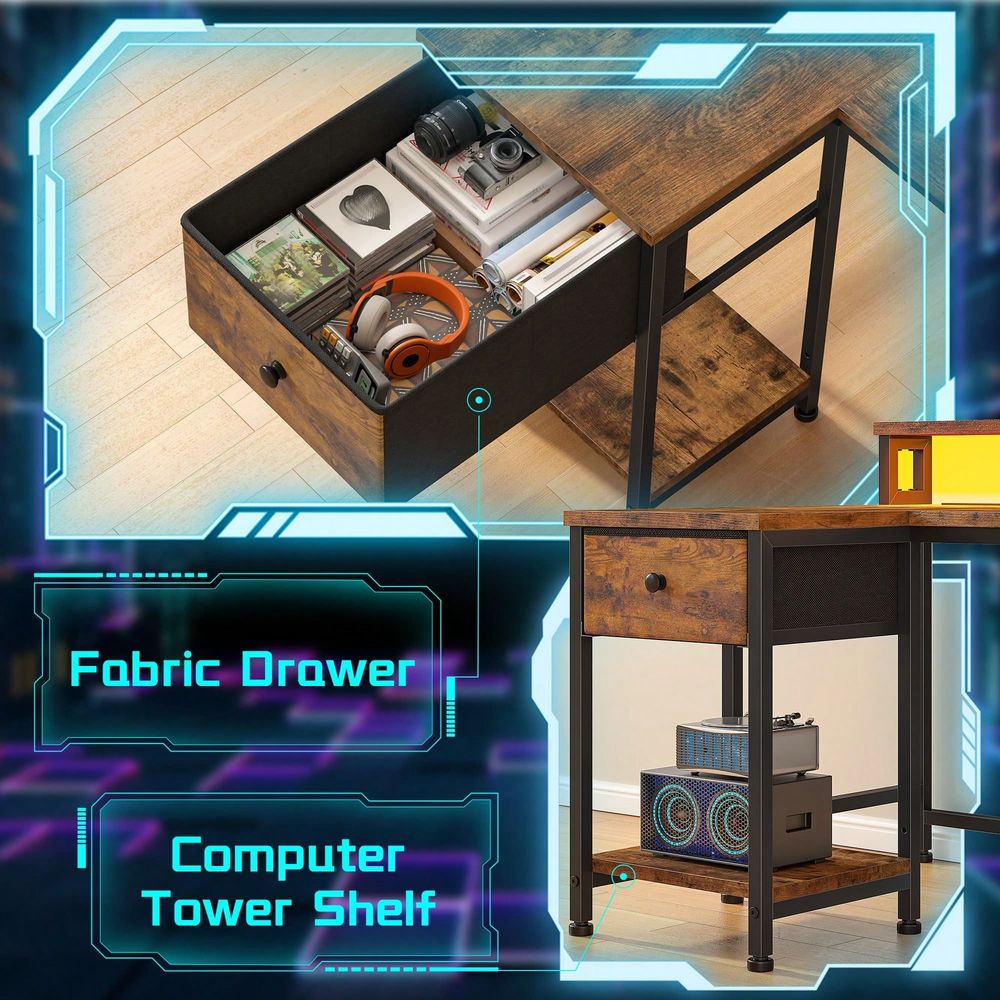전원 콘센트가 있는 브라운 L자형 게이밍 책상, LED - Home Office L Shaped Desk 리뷰 및 가격