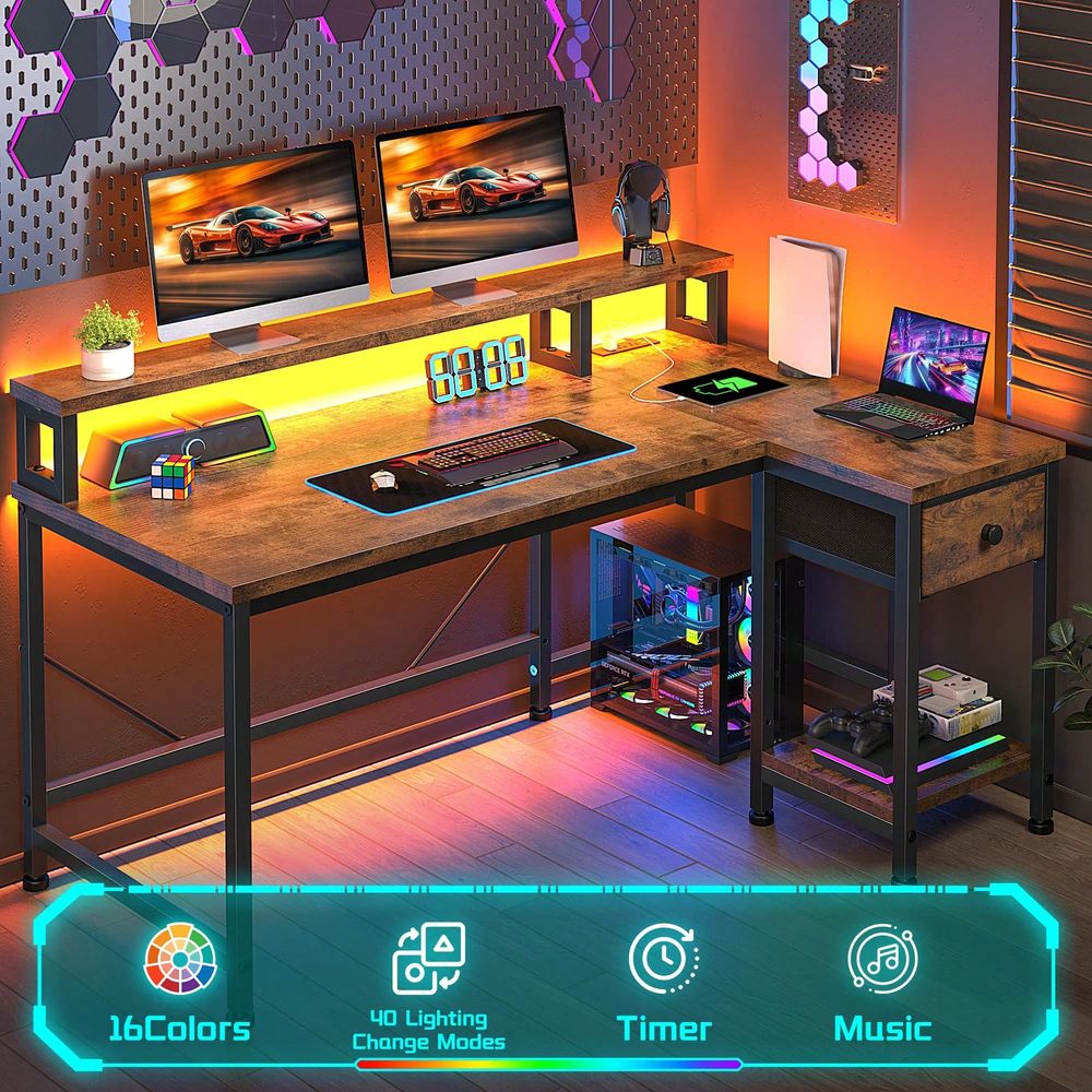 전원 콘센트가 있는 브라운 L자형 게이밍 책상, LED - Home Office L Shaped Desk 리뷰 및 가격