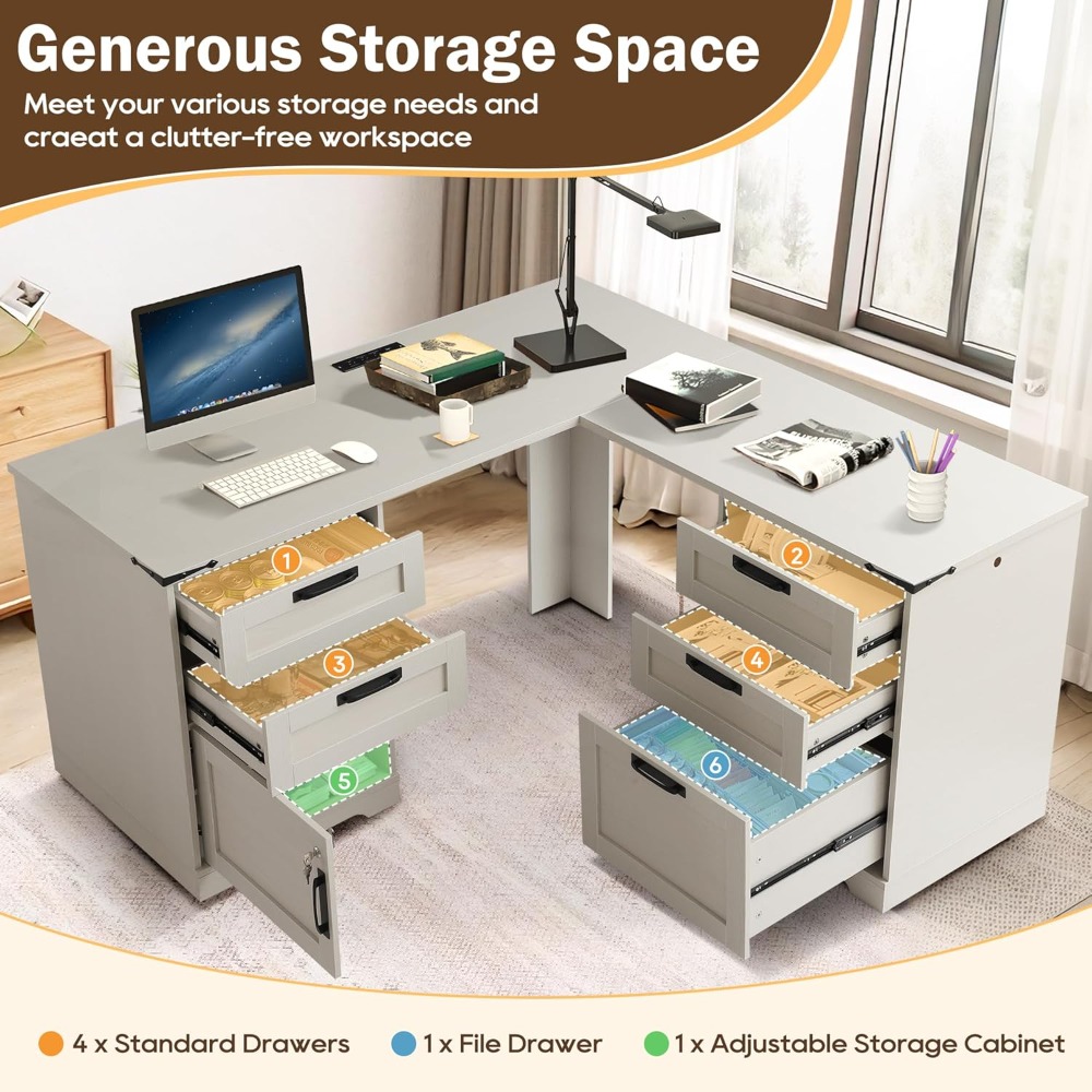 서랍이 있는 60인치 L자형 임원용 책상, 충전 스테이 - Home Office L Shaped Desk 리뷰 및 가격