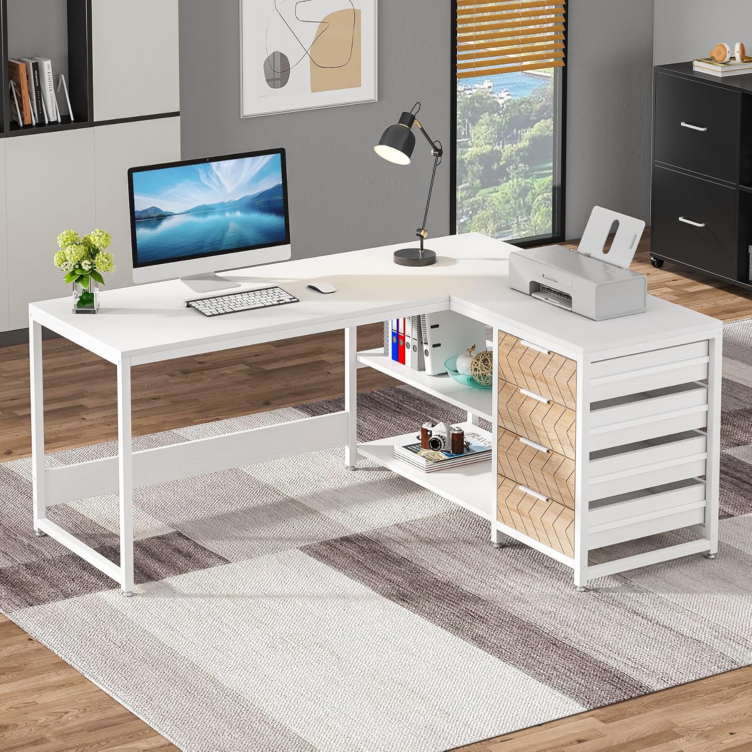 L자형 컴퓨터 책상(서랍 및 선반 포함), 59인치 양 - Home Office L Shaped Desk 리뷰 및 가격
