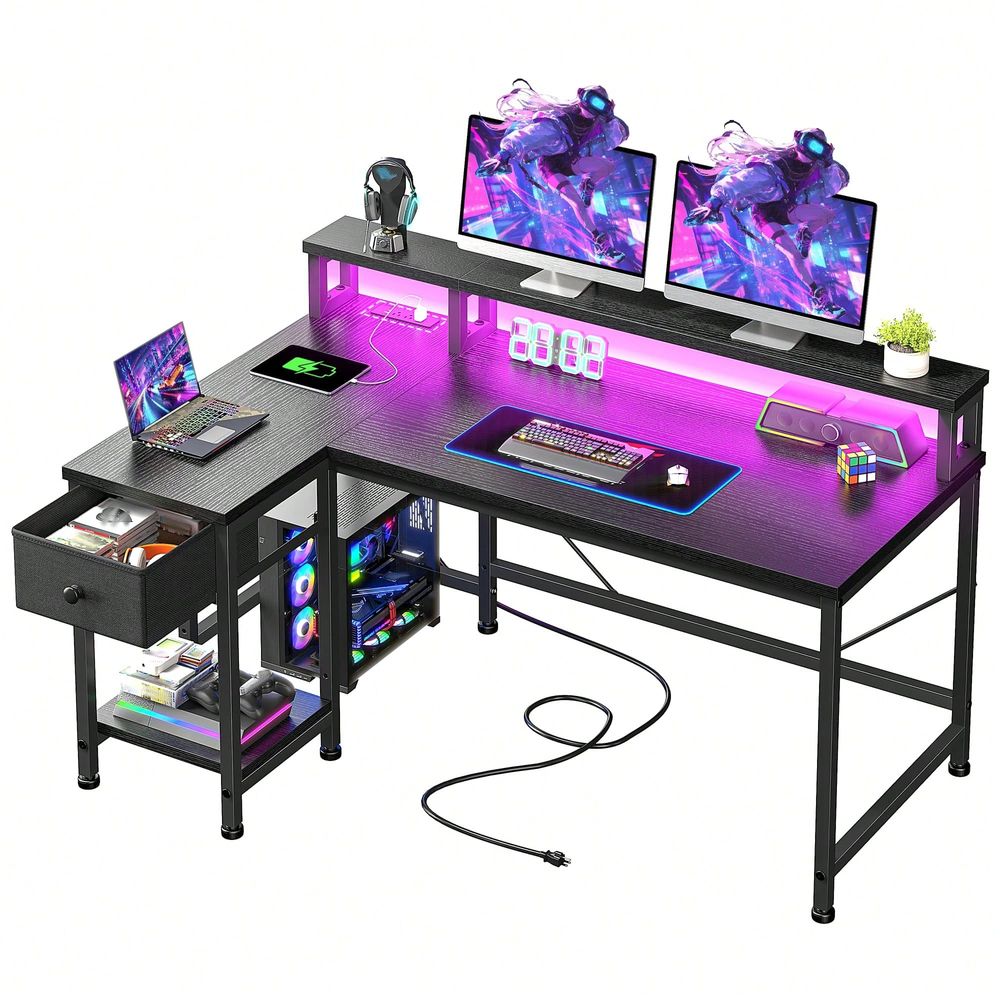 전원 콘센트가 있는 블랙 L자형 게이밍 책상, LED  - Home Office L Shaped Desk 리뷰 및 가격