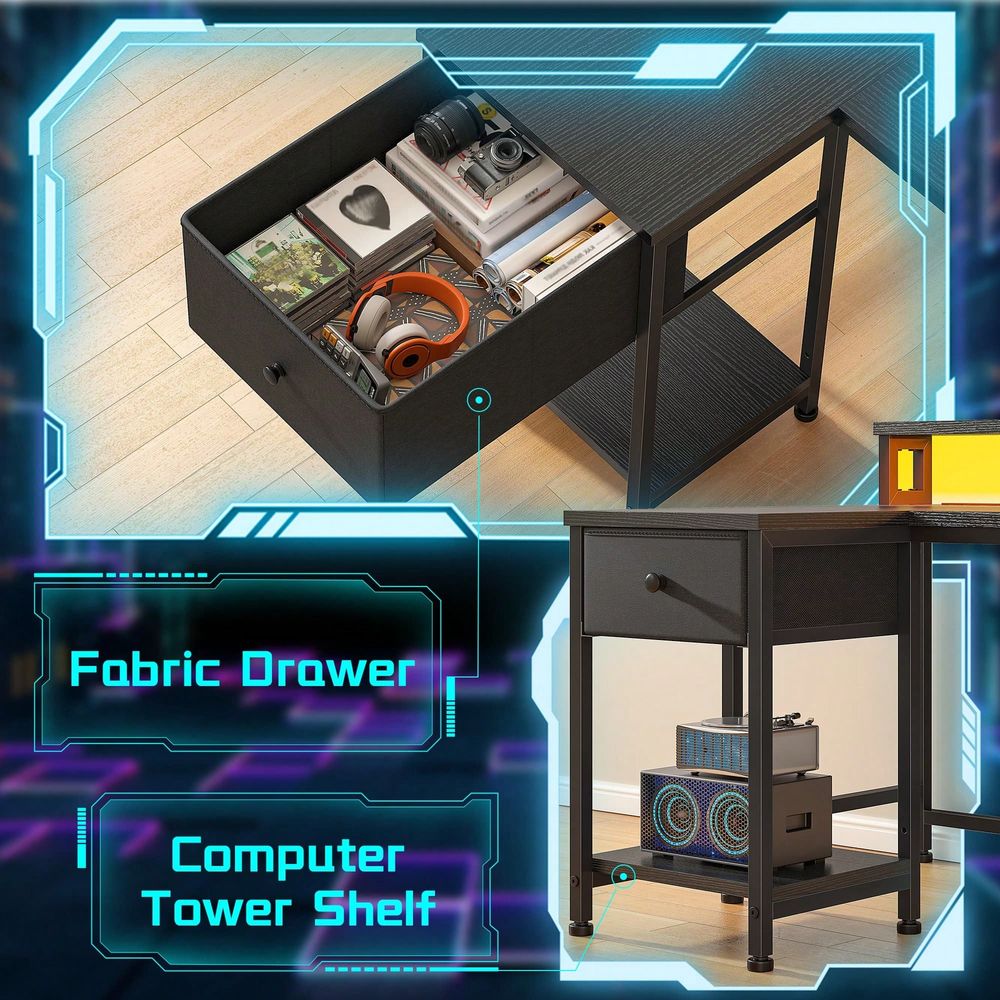 전원 콘센트가 있는 블랙 L자형 게이밍 책상, LED  - Home Office L Shaped Desk 리뷰 및 가격