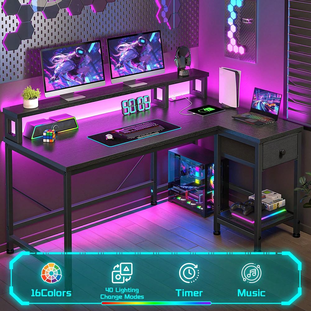 전원 콘센트가 있는 블랙 L자형 게이밍 책상, LED  - Home Office L Shaped Desk 리뷰 및 가격
