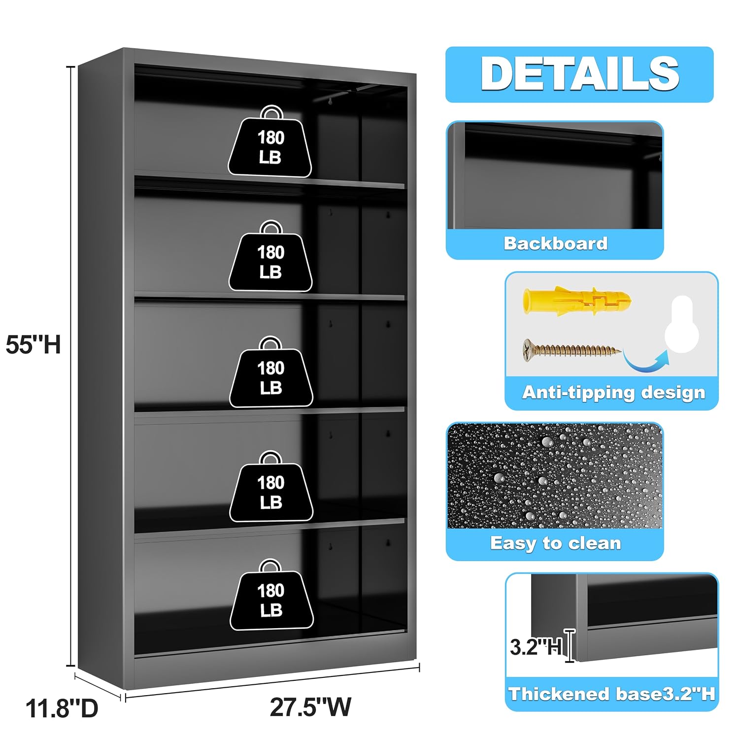 55인치 금속 책장, 고강도, 4개의 조절 가능한 선반 - Home Office With Library 리뷰 및 가격