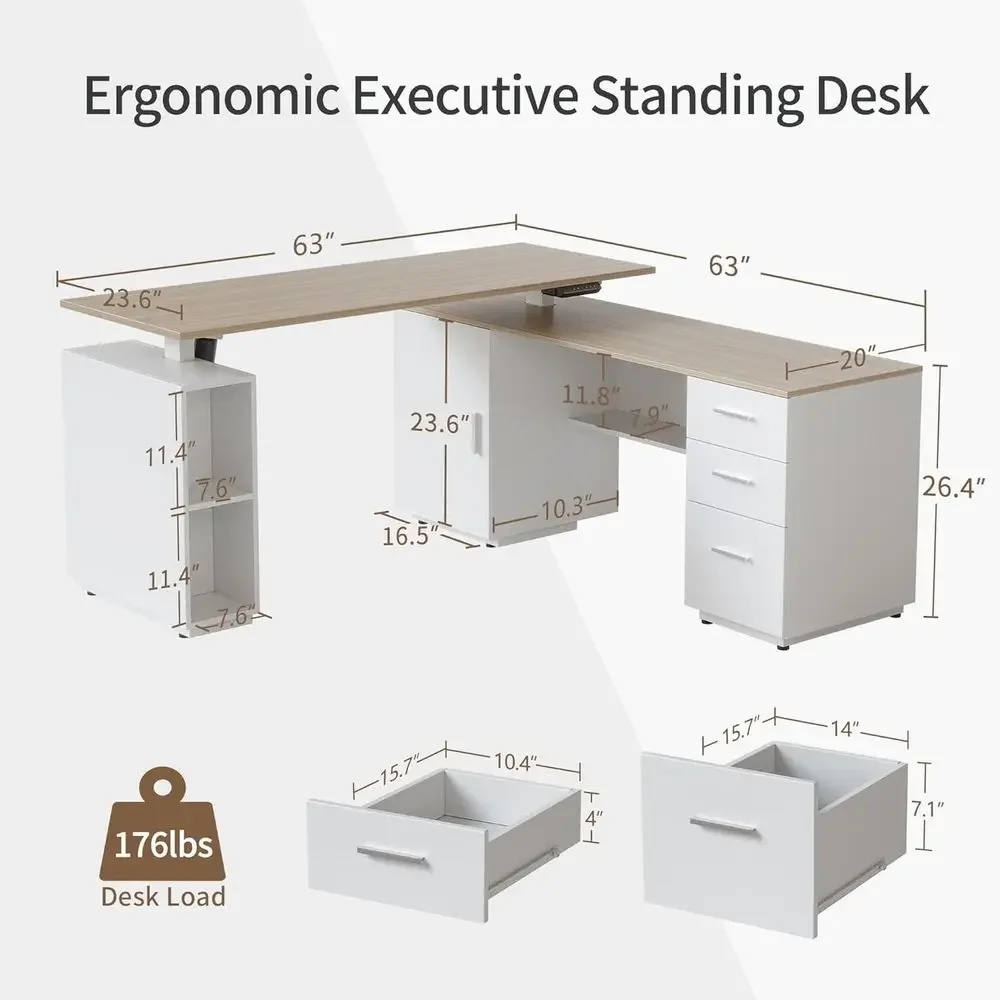 63 L자형 스탠딩 책상(3단 서랍장 포함), 흰색/밝 - Home Office L Shaped Desk 리뷰 및 가격