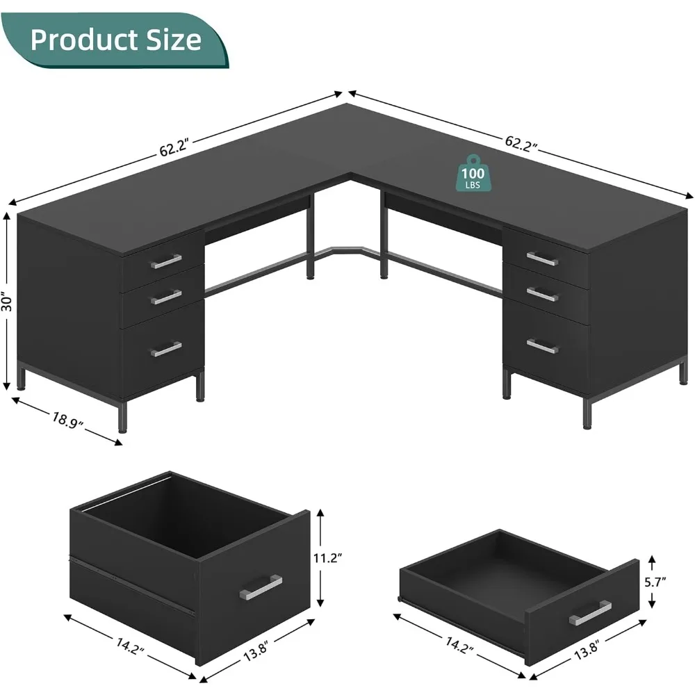 TVU 59'' L자형 책상(6개의 나무 서랍 포함), - Home Office L Shaped Desk 리뷰 및 가격
